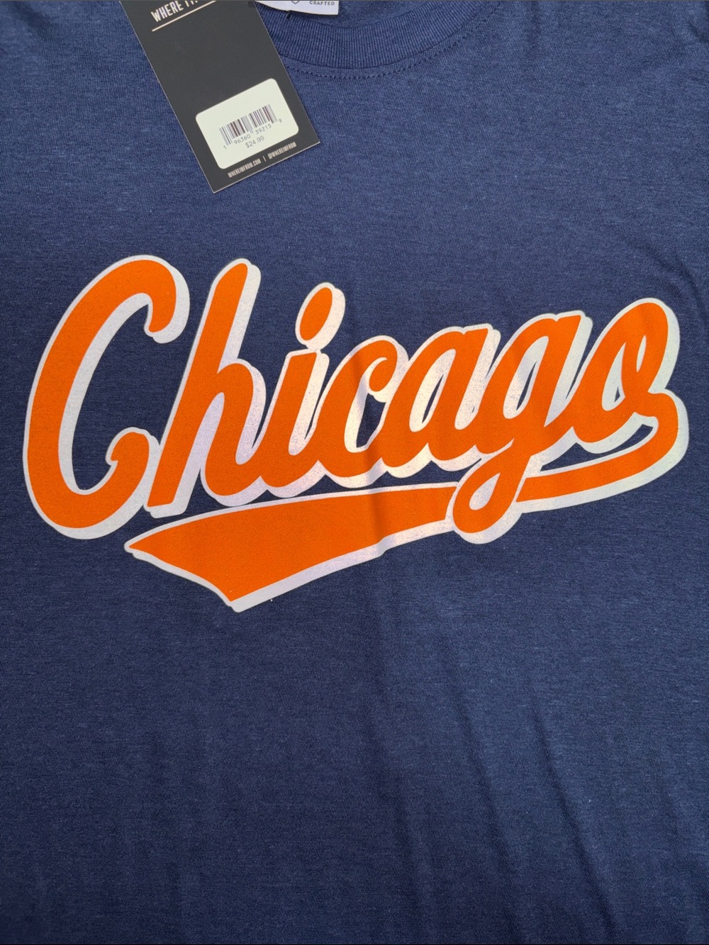 Chicago Script Short Sleeve Tee - Navy with Orange Logo | Men’s XL